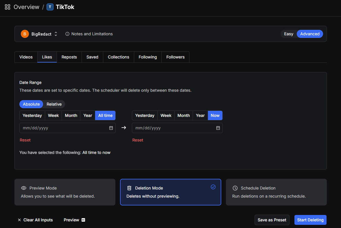 Redact's TikTok form with the Likes tab chosen, the date range set to all time, and Deletion Mode selected above the Start Deleting button