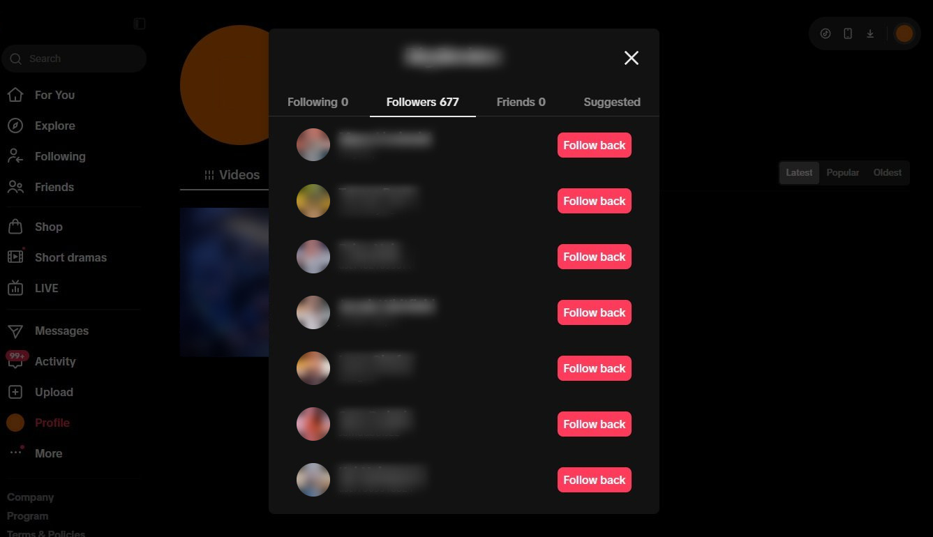 A TikTok followers list open on the web, showing accounts to remove