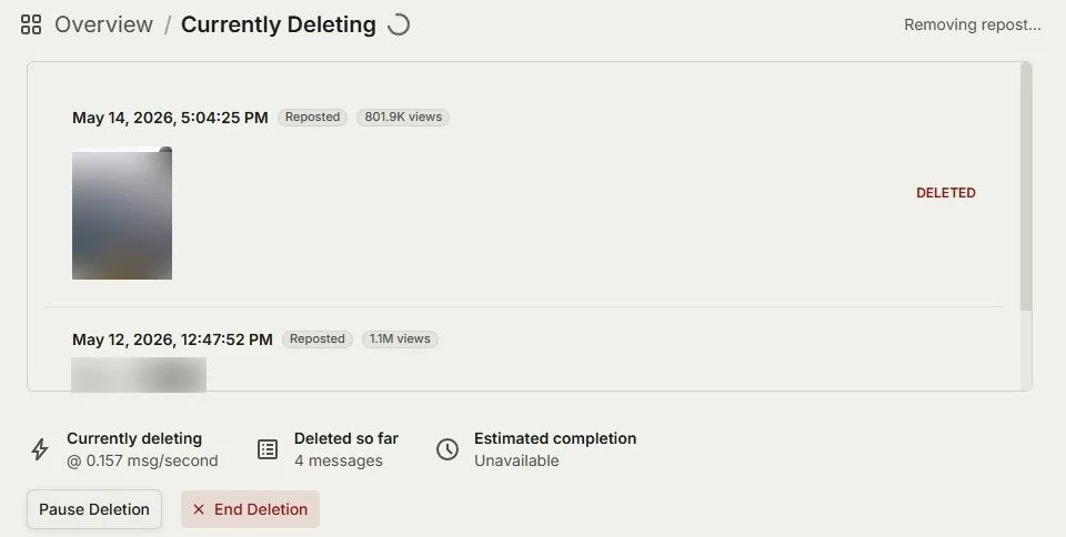 A Redact deletion run in progress, with each repost marked DELETED and the running count below