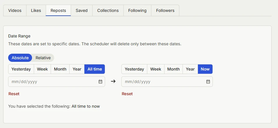 Redact's TikTok form with Reposts chosen from the category tabs and the date range set to all time to now
