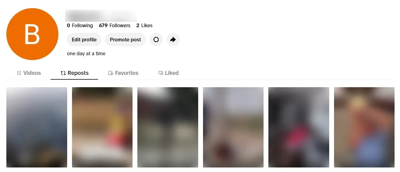 A TikTok profile with the Reposts tab selected and the re-shared videos listed underneath it