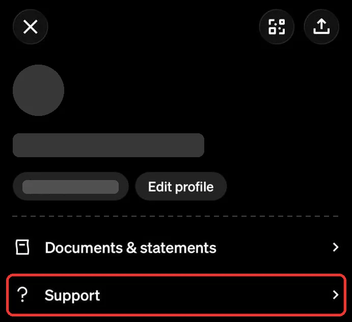 The Cash App profile screen with the name, $cashtag and photo hidden, spliced to the bottom of the list where Support is boxed in red below Documents & statements