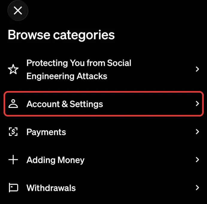 Cash App's Support screen under Browse categories, with Account & Settings boxed in red below Protecting You from Social Engineering Attacks