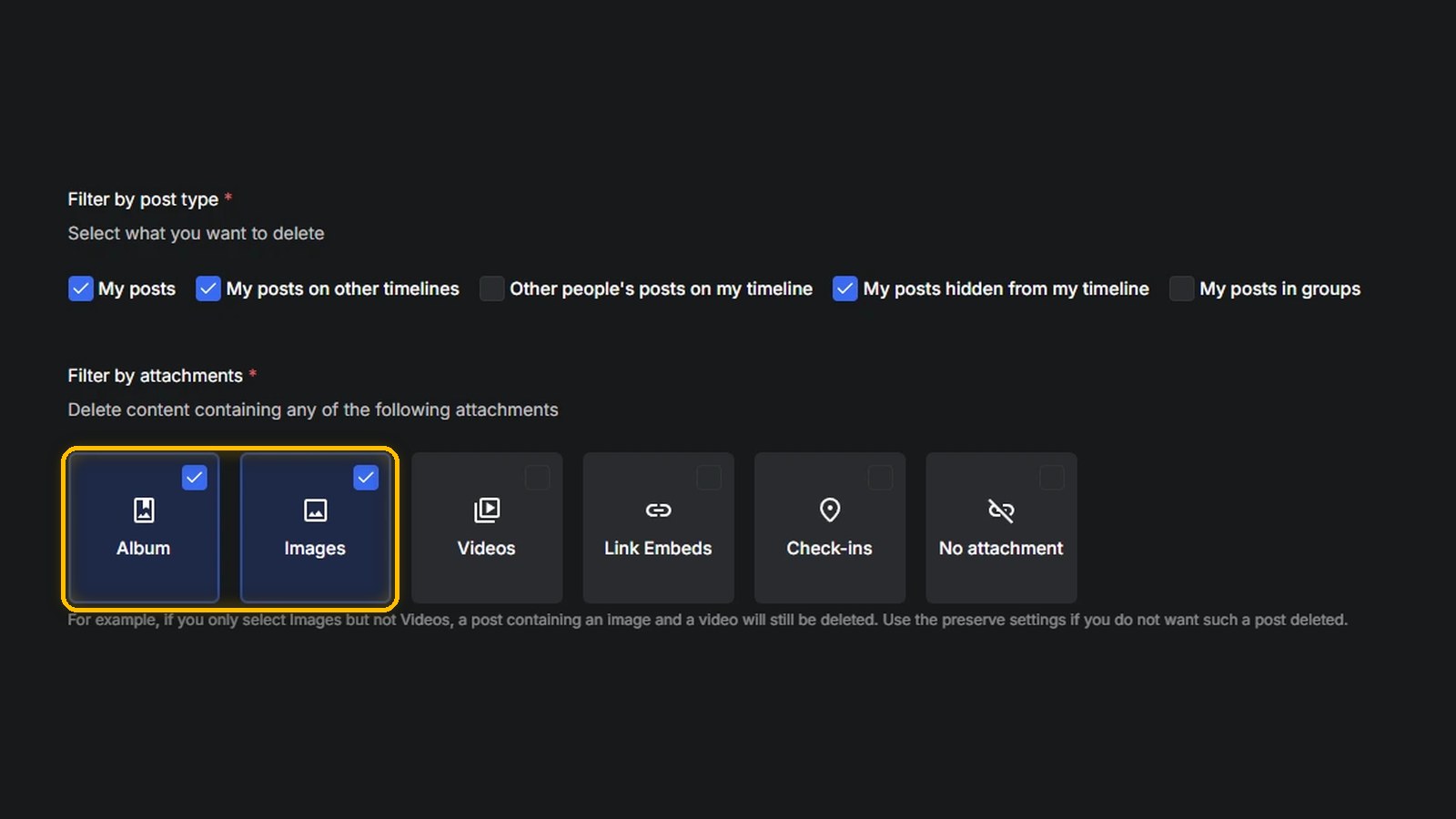Redact's Facebook filters set to your own posts, with only the Album and Images attachment boxes ticked