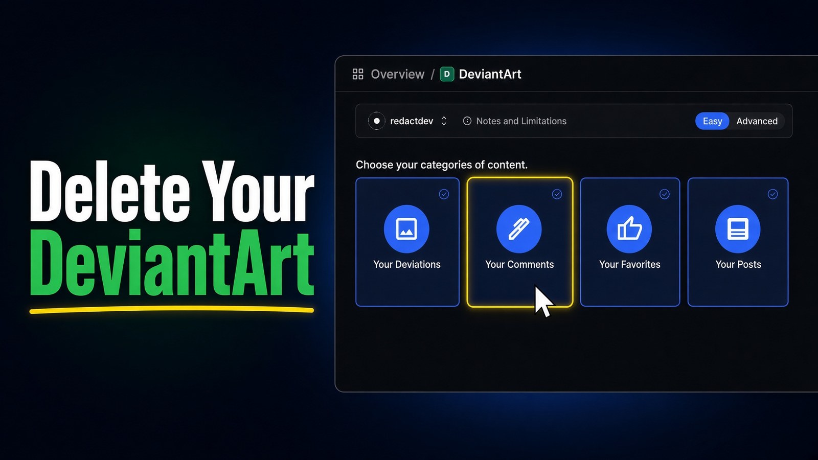 Delete Your DeviantArt, beside Redact's DeviantArt screen with the Your Comments tile outlined in yellow