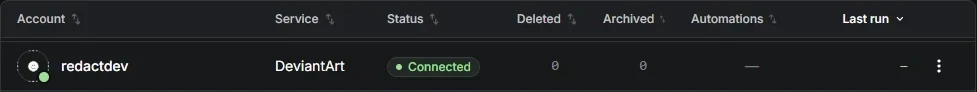 A DeviantArt account listed as Connected in Redact's accounts table