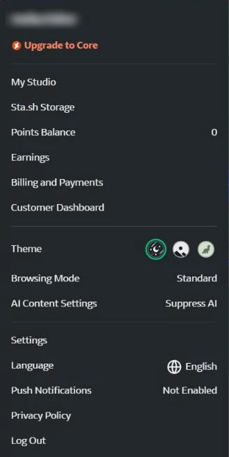 DeviantArt's avatar menu with Settings near the bottom
