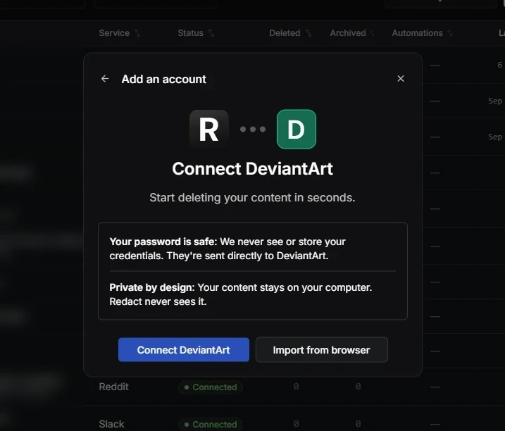 Redact's Connect DeviantArt window with the Connect DeviantArt and Import from browser buttons