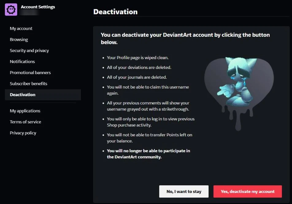 DeviantArt's Deactivation page listing what closing the account does, above the No, I want to stay and Yes, deactivate my account buttons