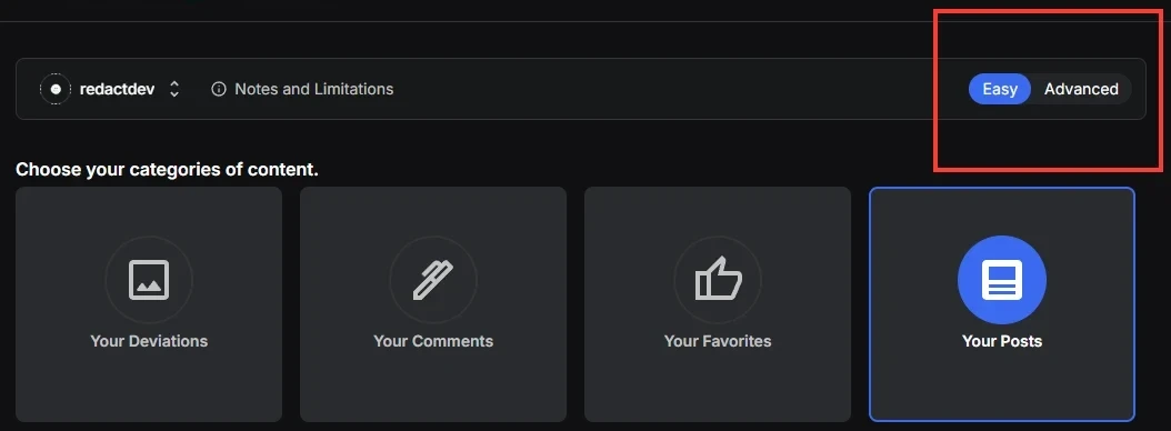 Redact's DeviantArt screen in Easy mode, with the four content tiles and the Easy and Advanced toggle outlined
