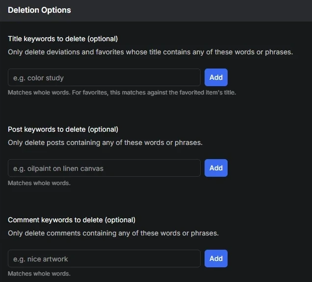 Redact's three DeviantArt keyword boxes, each with its own Add button