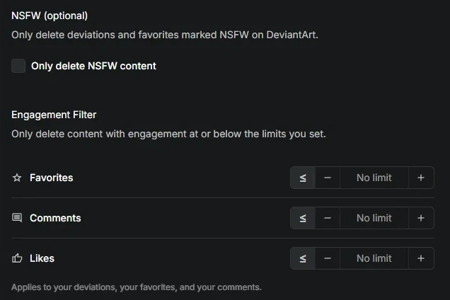 Redact's NSFW checkbox and Engagement Filter with every limit left at No limit