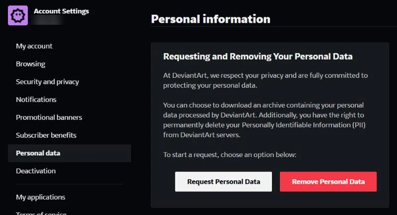 DeviantArt's Personal data page with the Request Personal Data and Remove Personal Data buttons