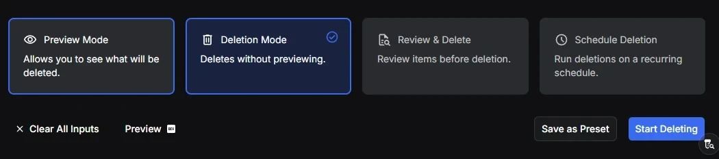 Redact's four run modes with Deletion Mode picked and the Start Deleting button