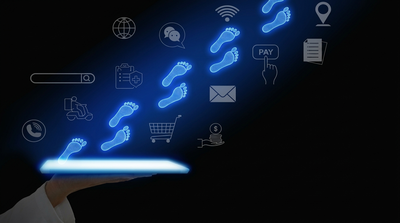 Glowing footprints rising from a tablet, past icons for search, messages, shopping, payments, email and location