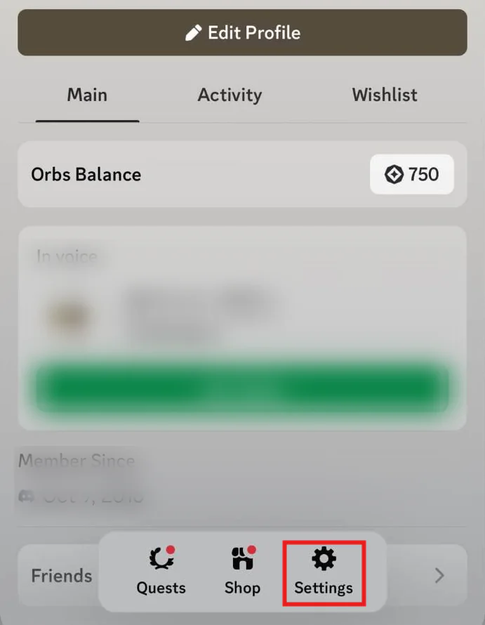 The Discord iPhone app's profile screen with personal details blurred, and Settings boxed in red in the bar at the bottom