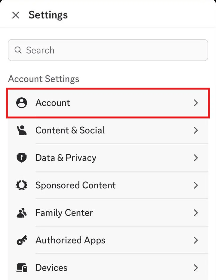 The Discord iPhone app's Settings list, with Account boxed in red above Content and Social and Data and Privacy
