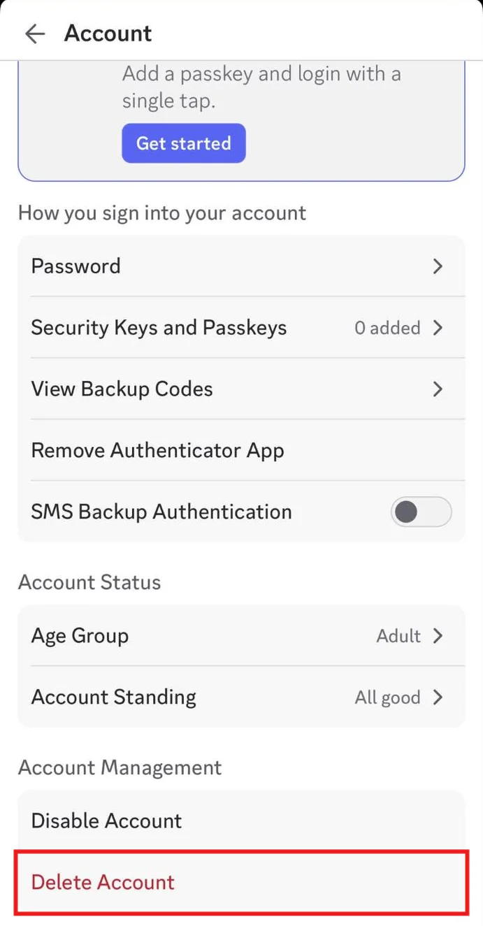 The Discord iPhone app's Account screen scrolled to Account Management, with Delete Account boxed in red below Disable Account