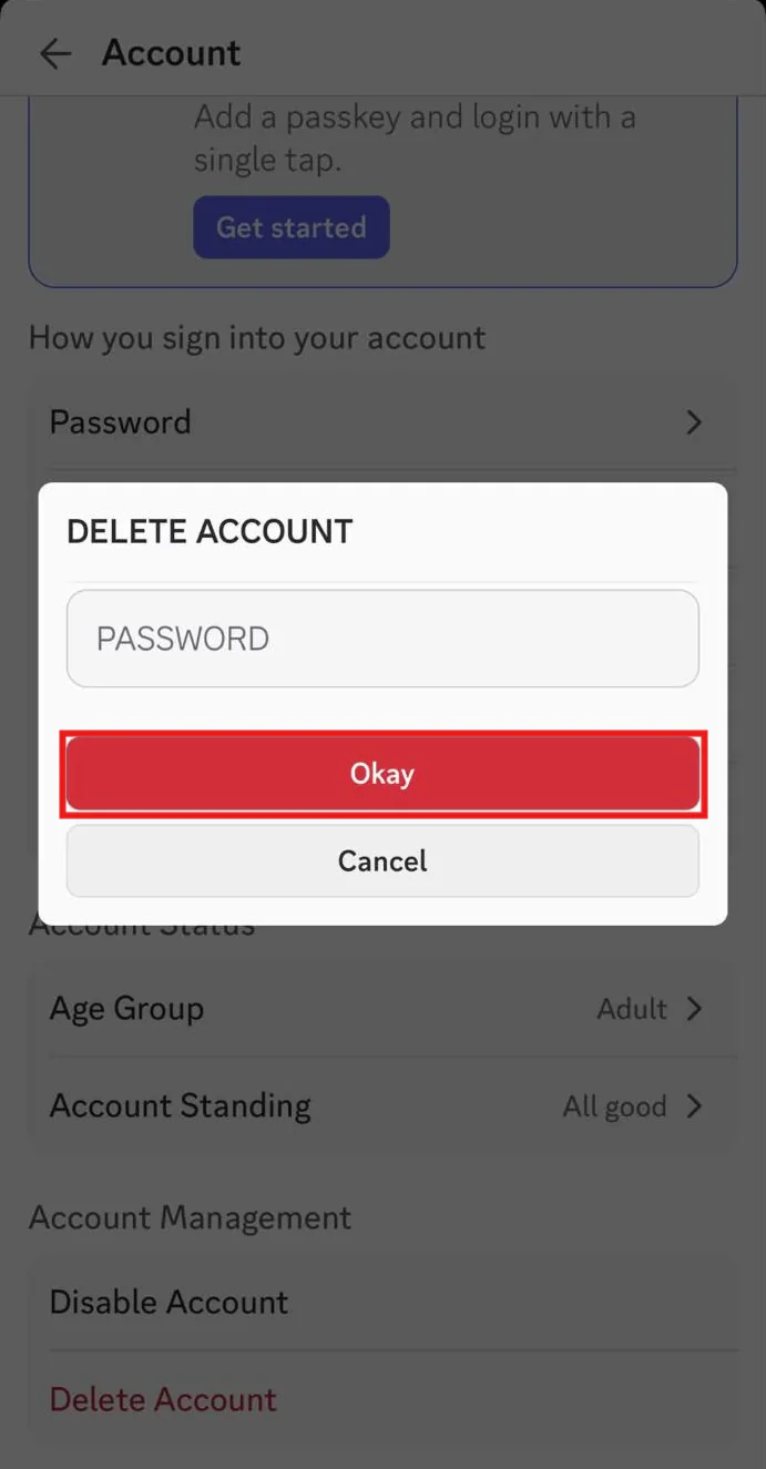 The Discord iPhone app's Delete Account box with a password field, and the red Okay button boxed above Cancel