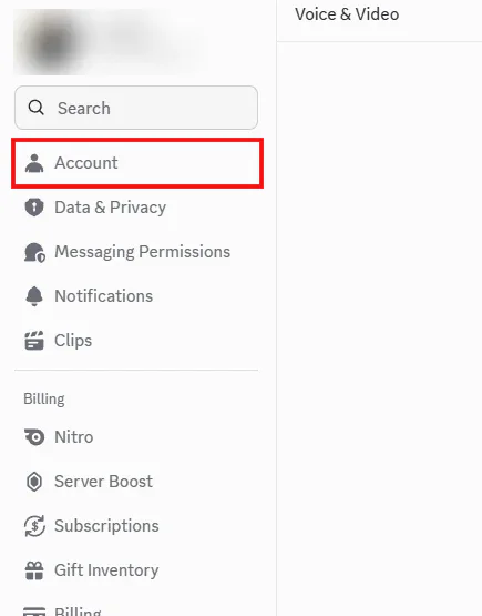 Discord's settings menu with the profile blurred, and Account boxed in red above Data and Privacy