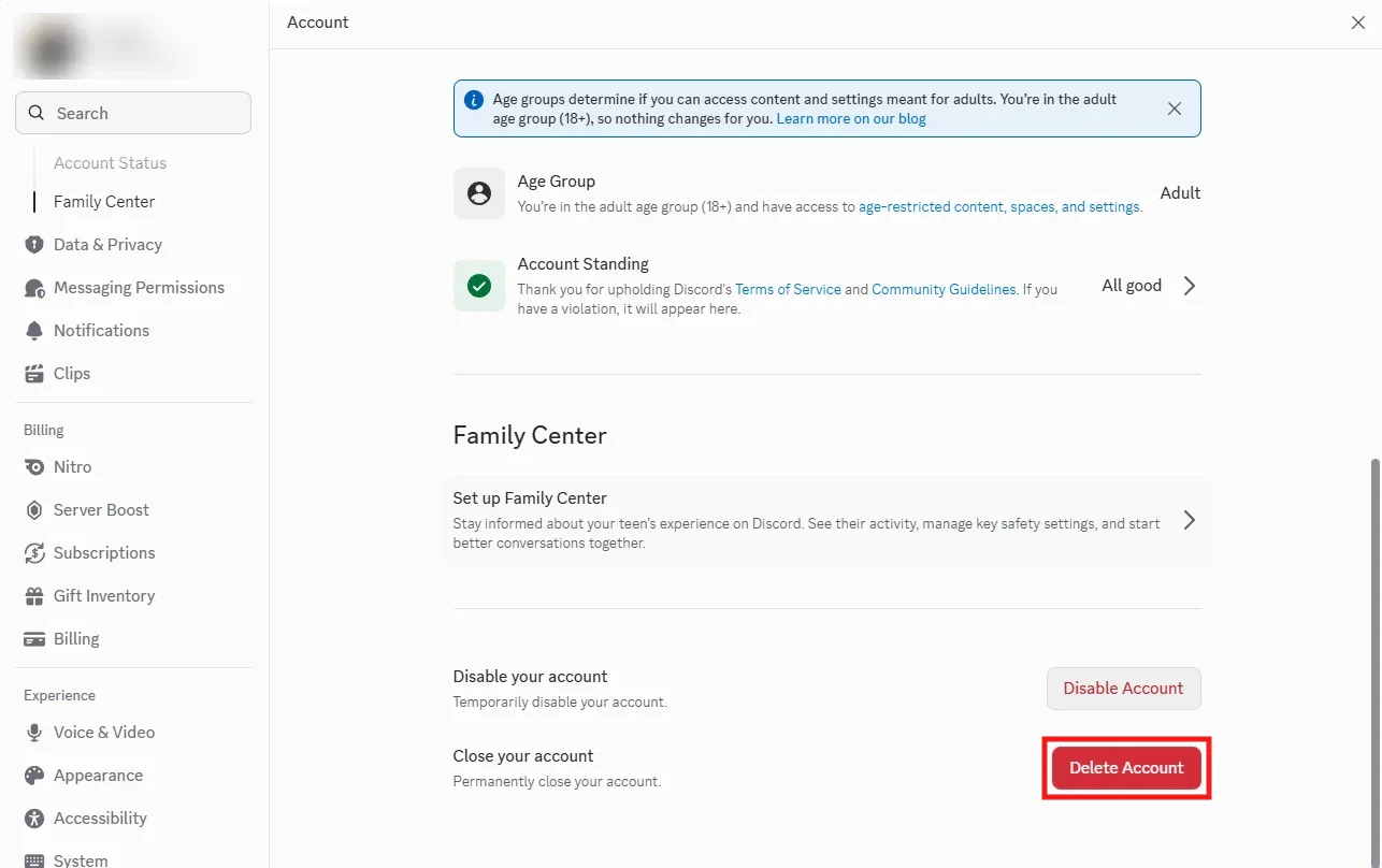 Discord's Account settings scrolled to the bottom, with Disable Account above and the red Delete Account button boxed in red