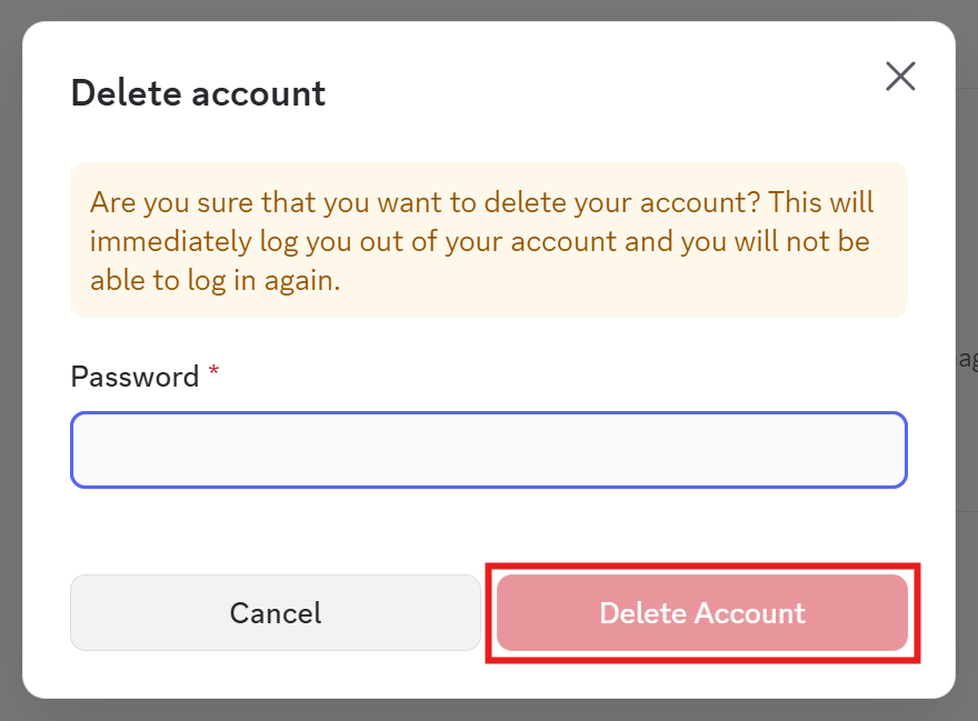 Discord's Delete account box with its log-out warning, an empty Password field, and the Delete Account button boxed in red next to Cancel