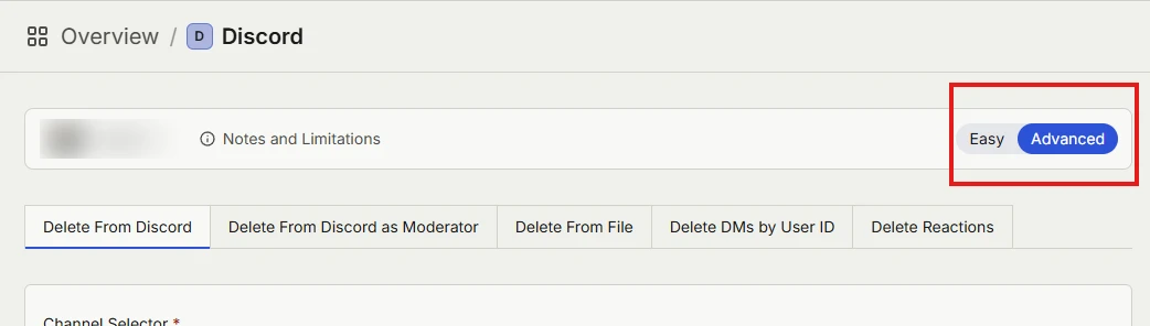 The Easy and Advanced setting in the top right corner of Redact's Discord page, set to Advanced