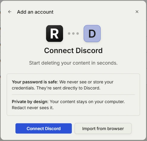 Redact's Connect Discord window, noting that your password goes straight to Discord and your content stays on your computer