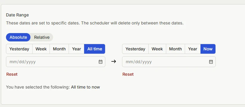Redact's Date Range setting, set from All time to Now