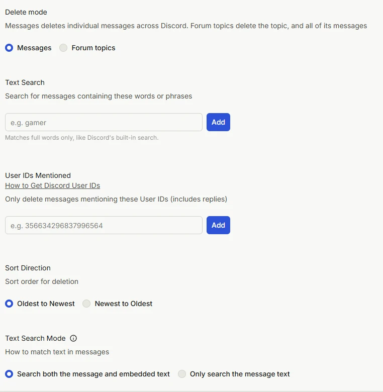 Redact's Delete mode, Text Search, User IDs Mentioned, Sort Direction and Text Search Mode settings