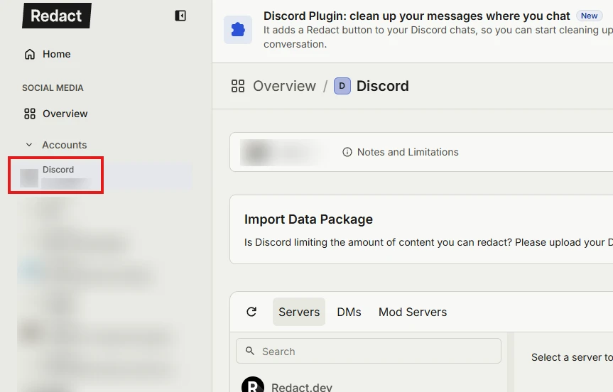 Redact's sidebar with the connected Discord account selected, opening the Discord page
