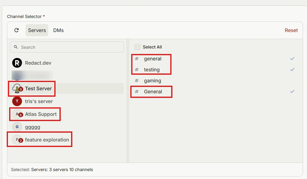 Redact's Channel Selector with three servers and three of their channels selected