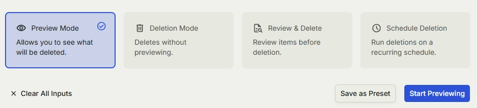 Redact's run modes: Preview Mode, Deletion Mode, Review and Delete, and Schedule Deletion, with Start Previewing