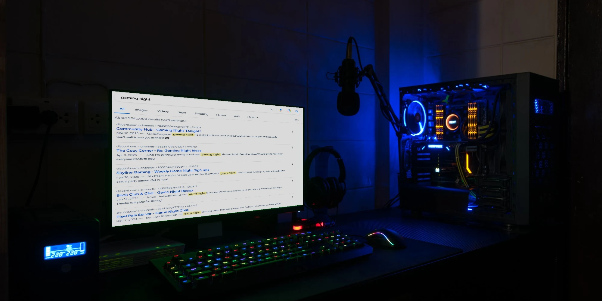 A gaming PC monitor showing search results made up of Discord server messages