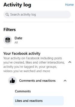The activity log menu with Your Facebook activity open, then Comments and reactions, then Likes and reactions