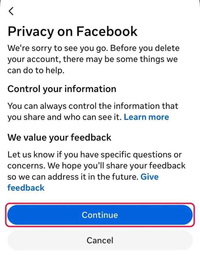Facebook's Privacy on Facebook screen offering privacy controls and a feedback link, with the Continue button boxed in red