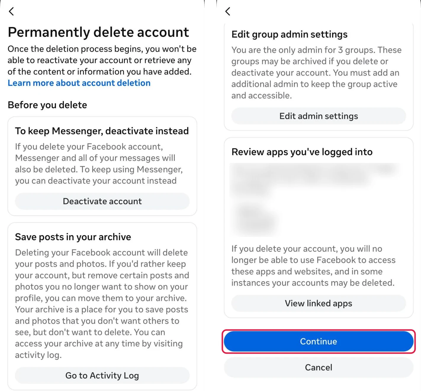 The top and bottom of Facebook's Permanently delete account screen side by side, covering Messenger, the archive, group admins and linked apps, with the Continue button boxed in red