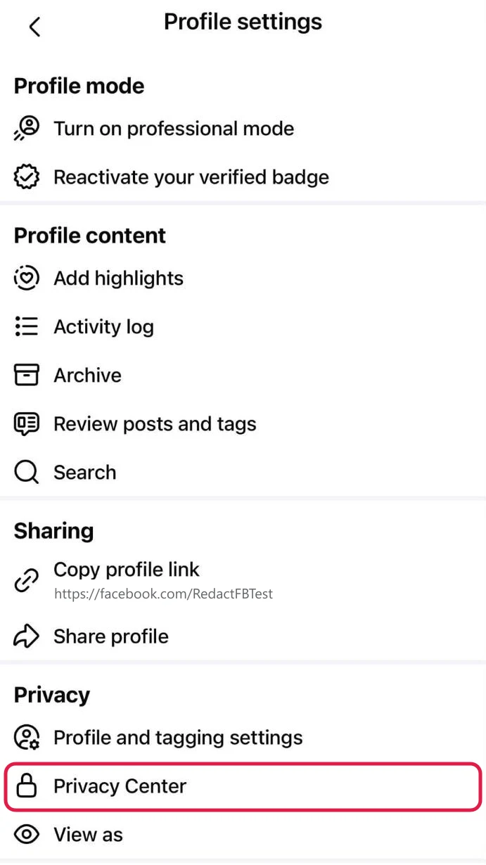 Facebook's Profile settings screen in the iPhone app, with Privacy Center boxed in red under Privacy