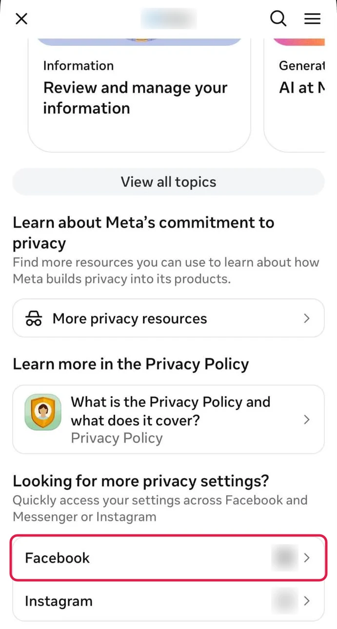 Meta's Privacy Center in the iPhone app, scrolled to Looking for more privacy settings, with Facebook boxed in red above Instagram