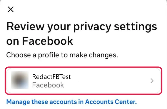 The Review your privacy settings on Facebook screen, with the RedactFBTest profile boxed in red