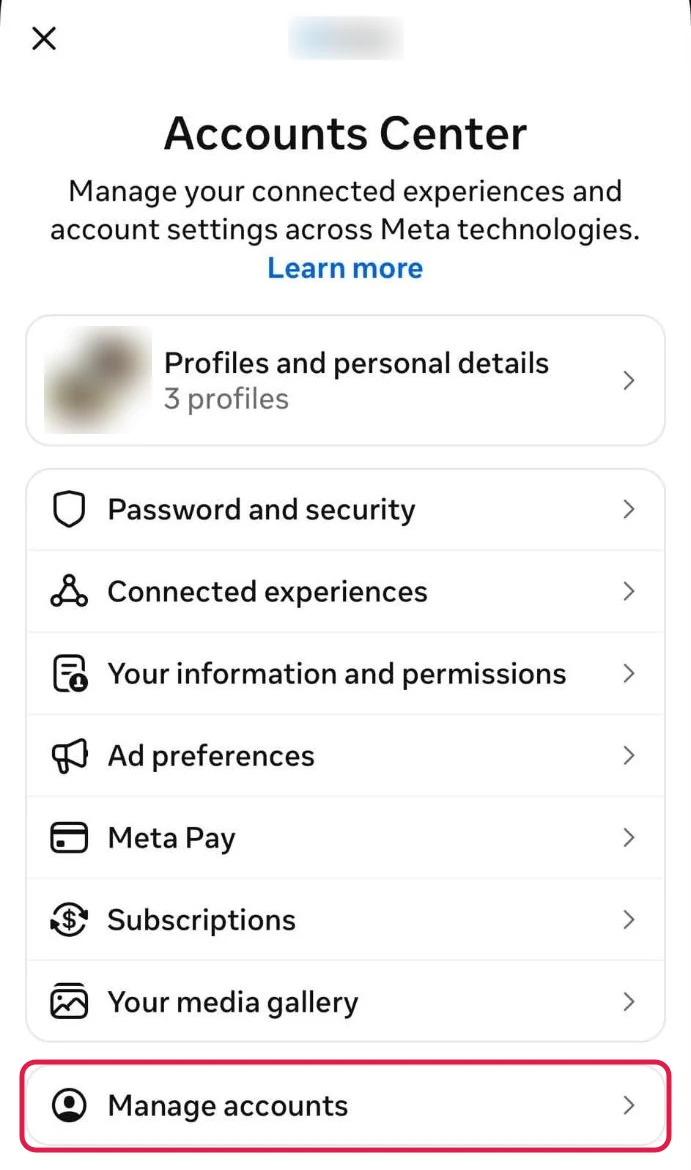Meta's Accounts Center in the iPhone app, with Manage accounts boxed in red at the bottom