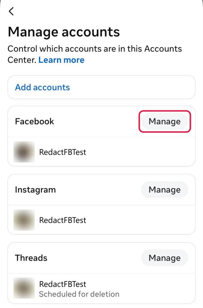 The Manage accounts screen listing Facebook, Instagram and Threads accounts, with Manage on the Facebook card boxed in red