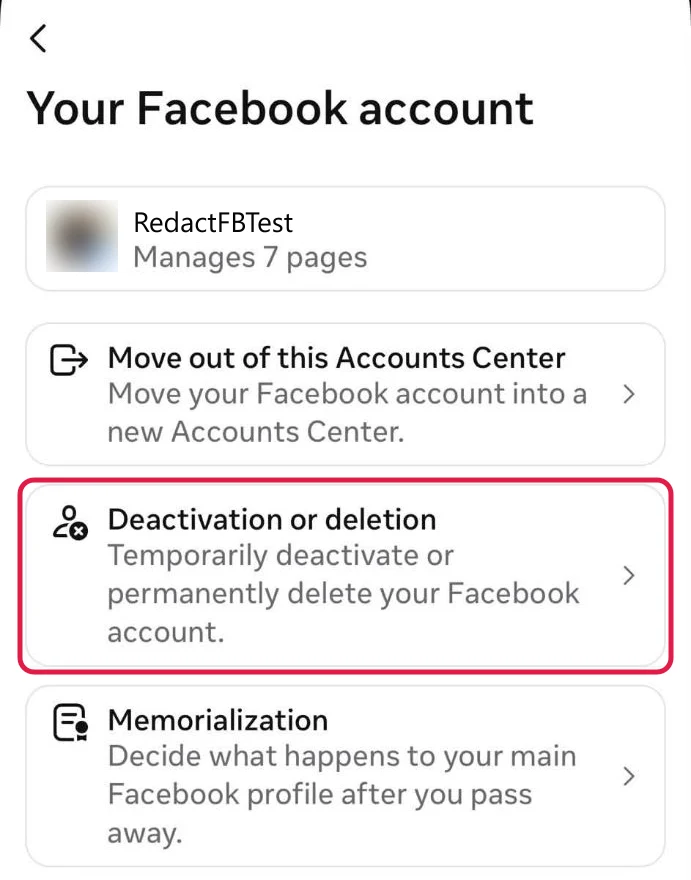 The Your Facebook account screen in the iPhone app, with Deactivation or deletion boxed in red