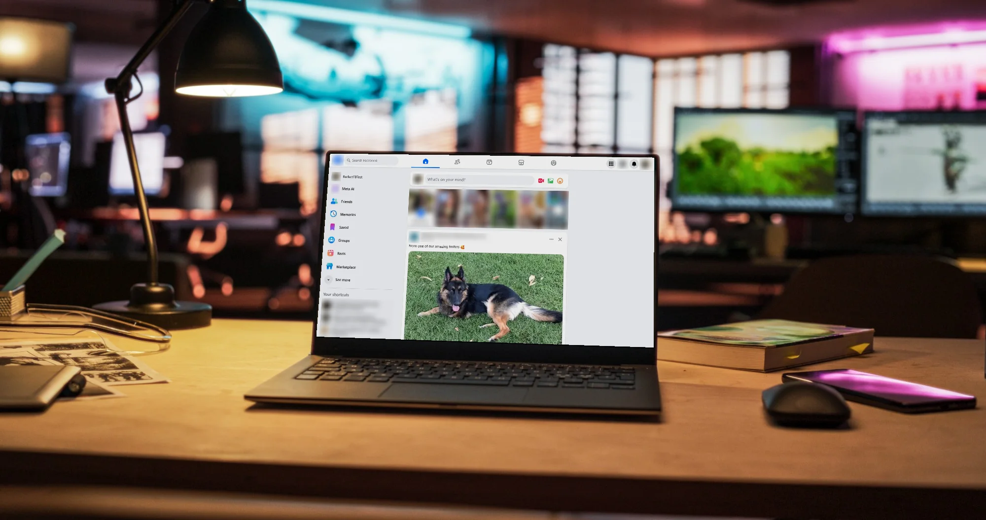 A laptop on a desk at night showing a Facebook news feed