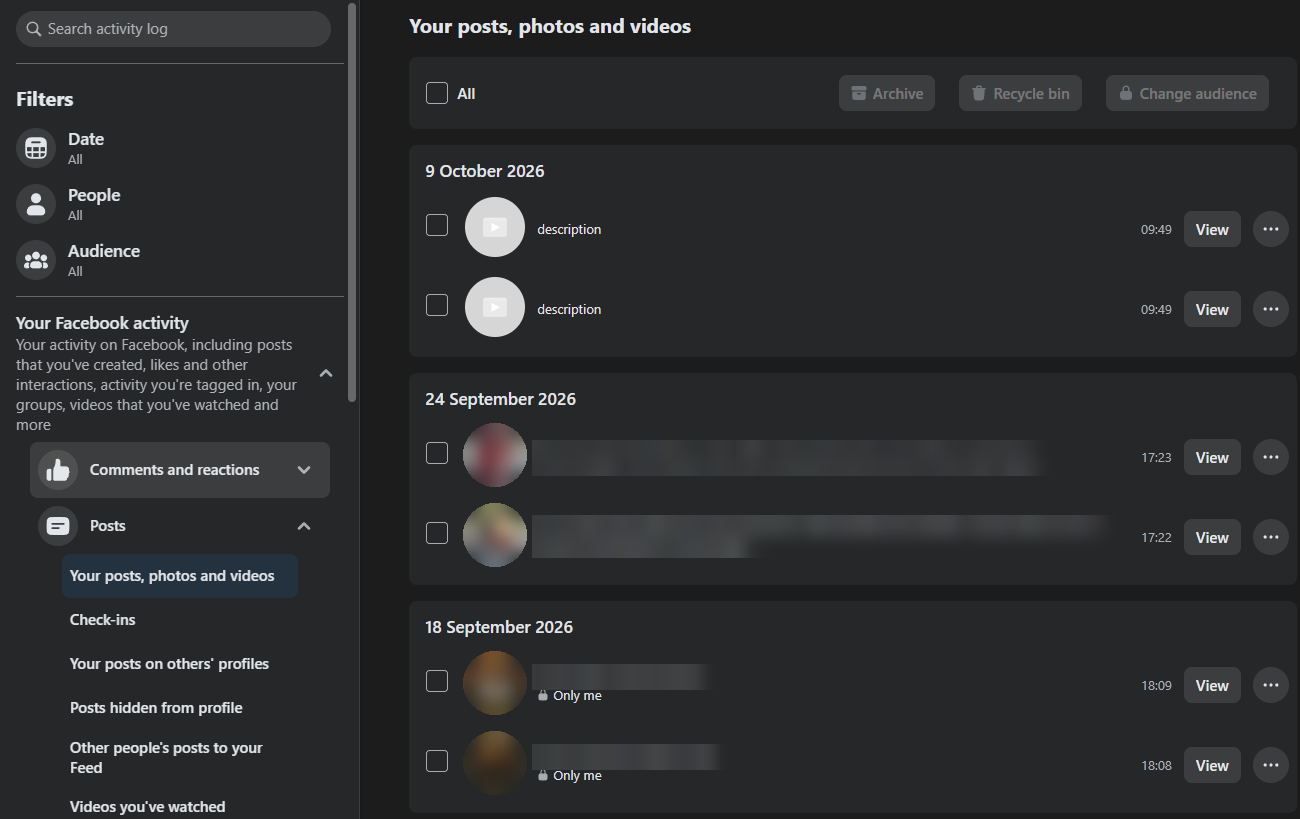 Activity log's Your posts, photos and videos view, with the All checkbox and the Archive, Recycle bin and Change audience buttons