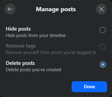 Manage posts options: Hide posts, Remove tags, and Delete posts selected, with the Done button