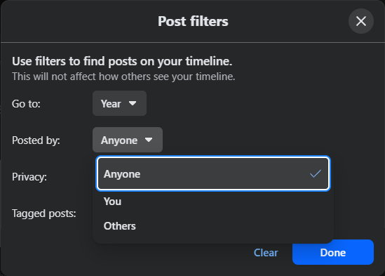 Manage posts filters with Posted by open, showing Anyone, You and Others