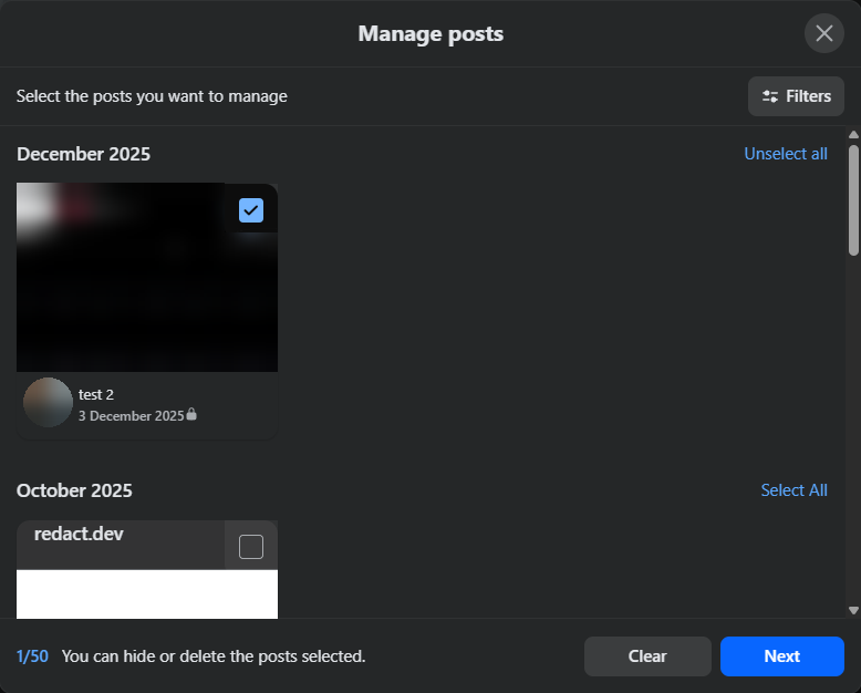 Manage posts with one post ticked, the counter reading 1/50 and the Next button enabled