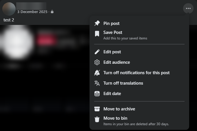 A Facebook post's three-dot menu with Move to bin at the bottom, noting items in your bin are deleted after 30 days