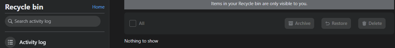 The Activity log Recycle bin, with the All checkbox and the Archive, Restore and Delete buttons